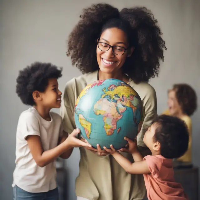 Mother holds a globe surrounded by diverse children representing customer demographics within the financial industry
