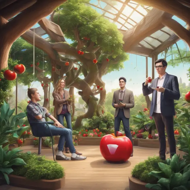An orchard filled with apples, Teslas, googles, and TikToks, each representing a company known for their exceptional customer service.