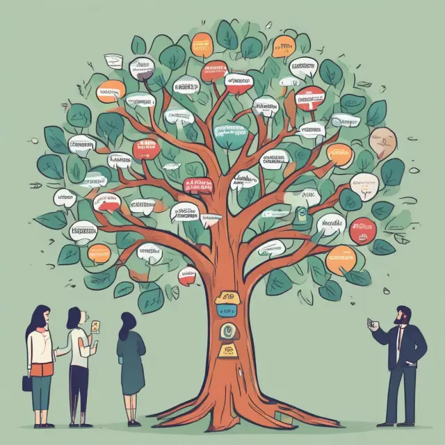 An image featuring a crowd gathering around a FAQ tree, symbolizing learning about customers and consumers in a business context.
