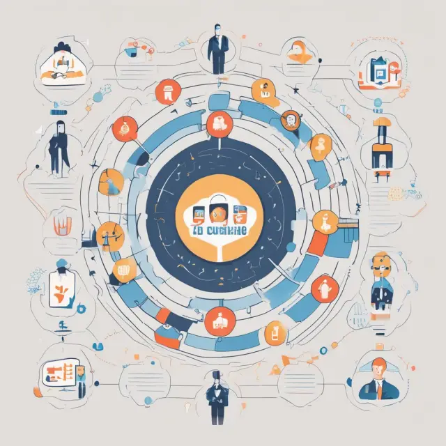 An imaginative depiction of CRM as an interconnected mosaic, symbolizing customers in various stages managed through human insights and AI technologies