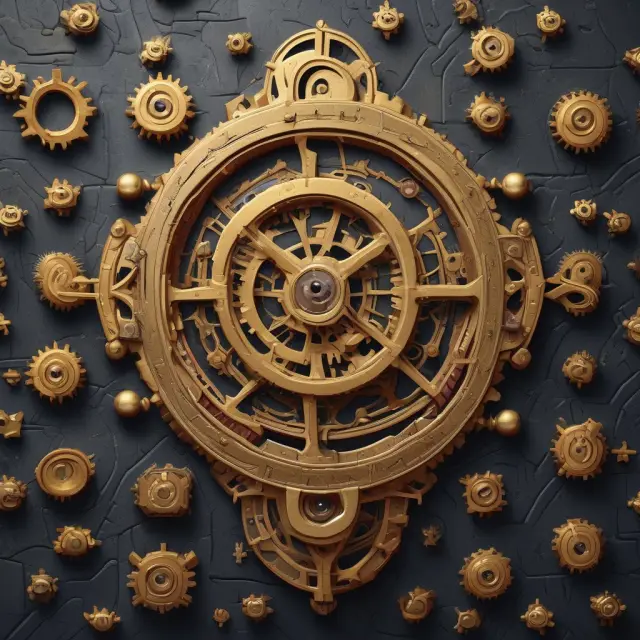 Golden gears symbolizing sales cycle acceleration in AI-driven CRM. Puzzle pieces representing optimized pricing strategies.