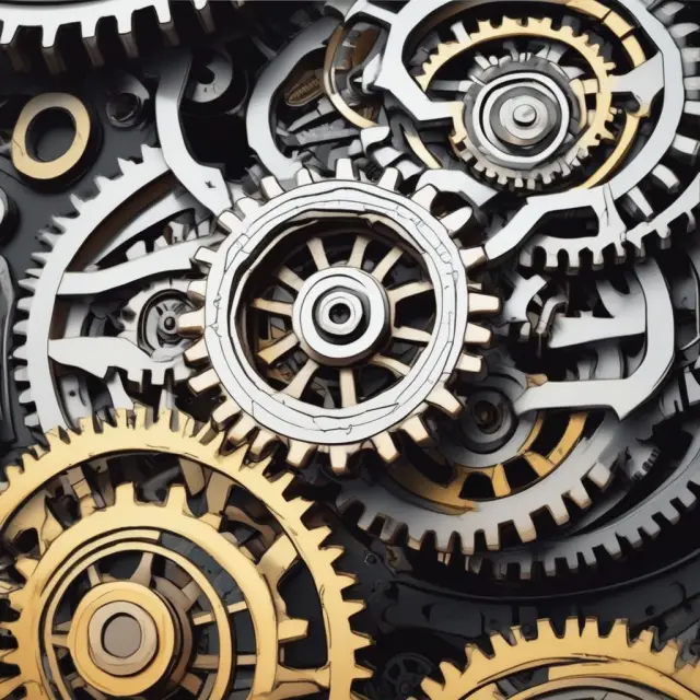 A clockwork machine with different interlocking gears representing sales, marketing, service, collaborative, and small business CRMs working together to drive organizational growth