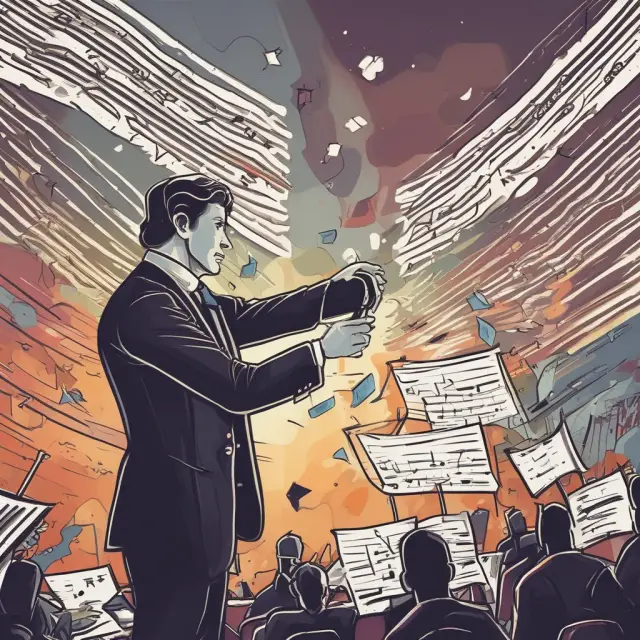 A conductor directing an orchestra of interconnected musicians representing CRM, sales, and marketing, working in harmony to create a beautiful customer experience