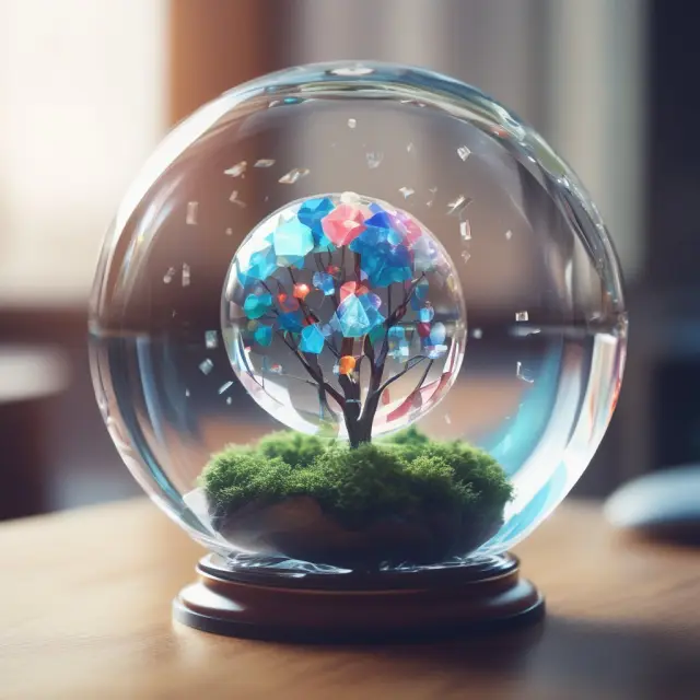 An illuminated crystal sphere showcases AI, data analytics tools merging within, revealing clear customer insights.
