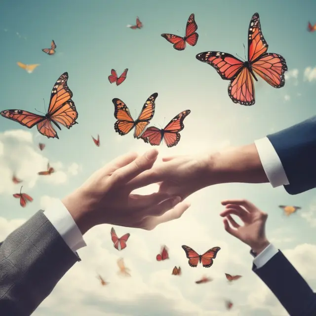Two hands shaking, releasing butterflies - symbolizing aligned shareholders in M&A deals with Contingent Value Rights