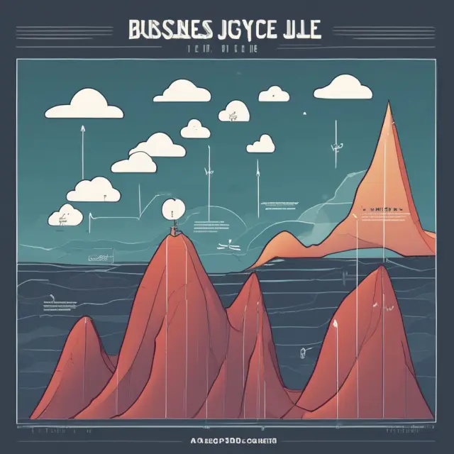 Visualization of the business cycle with waves representing expansion, peak, contraction, and trough phases