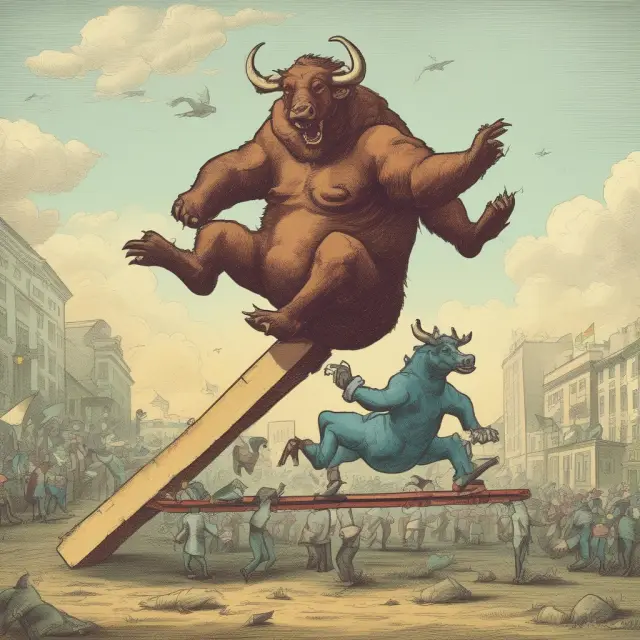 An animated bull and bear dancing on a see-saw, representing the investment strategies for cyclical industries during economic downturns.