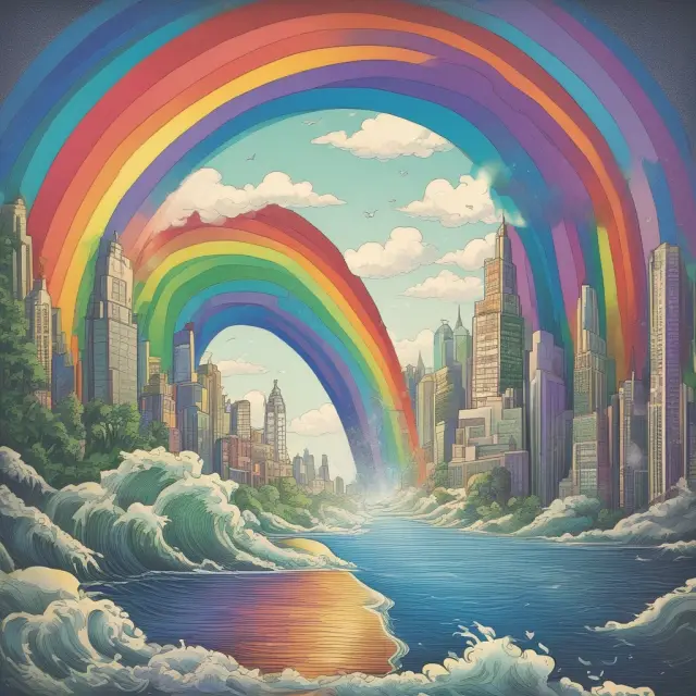 An image of a vibrant rainbow bridge forming from cyclical waves, representing companies