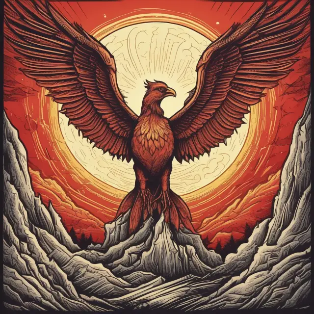 Image of a phoenix emerging from flames with various cyclical industry symbols in its background