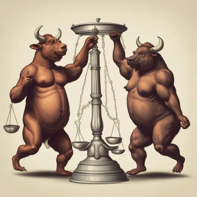 A dancing bull and bear each hold a scale, symbolizing the differences between cyclical stocks in durable and nondurable goods industries.