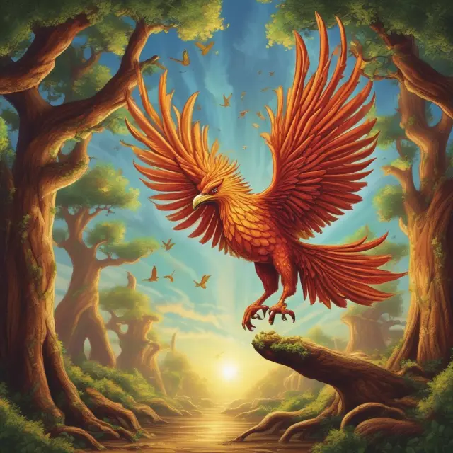 A Phoenix symbolizing cyclical stocks rising amidst economic adversity, with an Oak Tree representing stable, noncyclical stocks in the background