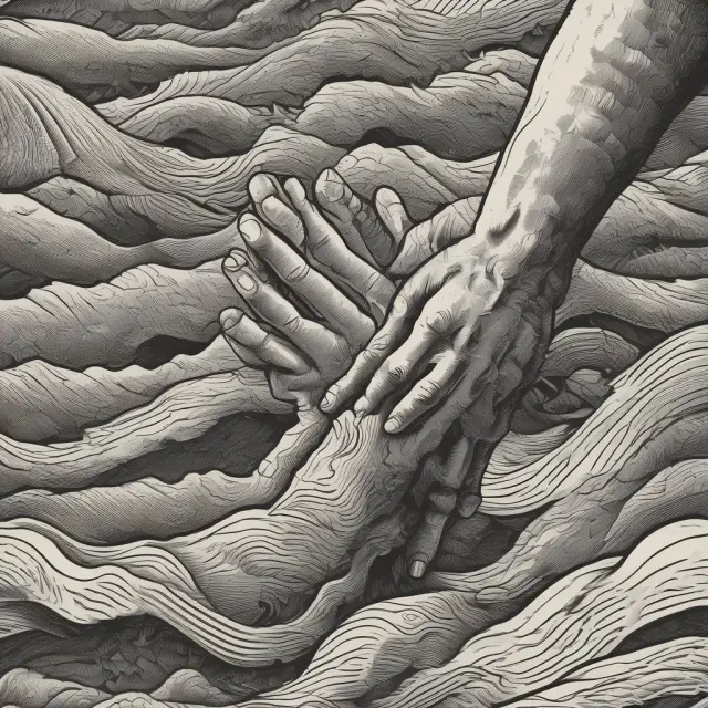 Image of two strong hands emerging from an undulating economic wave, symbolizing the ebb and flow of cyclical unemployment.