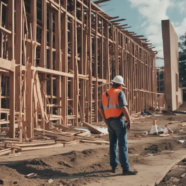 Construction workers facing unemployment due to an economic downturn, with a storm symbolizing the turbulence of cyclical unemployment.