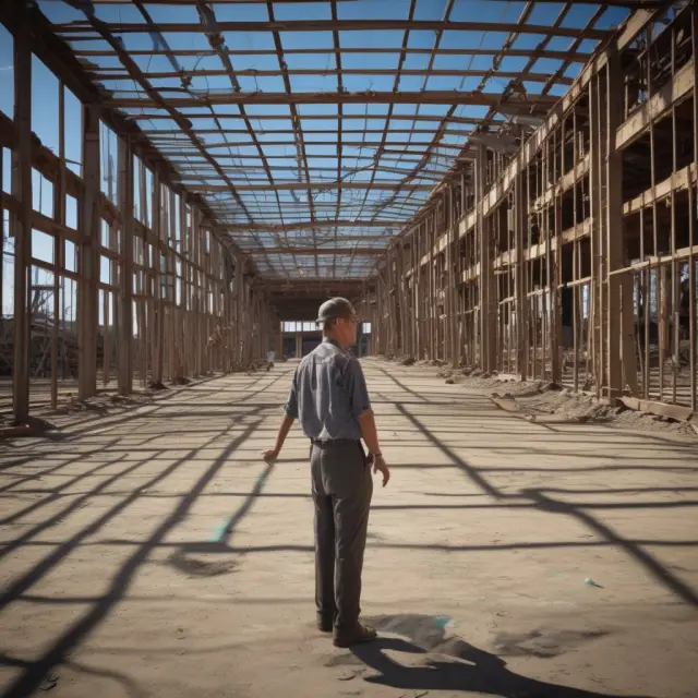 An image of a wooden pendulum illustrating the cyclical nature of unemployment in the construction industry, with a bustling site during an economic expansion and deserted workers during a recession