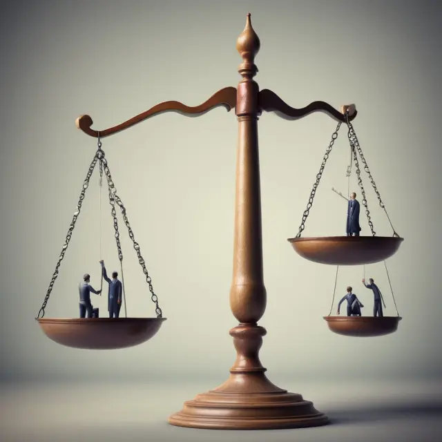 A set of scales illustrating the unemployment rate calculation, with the workforce and labor force represented as weights