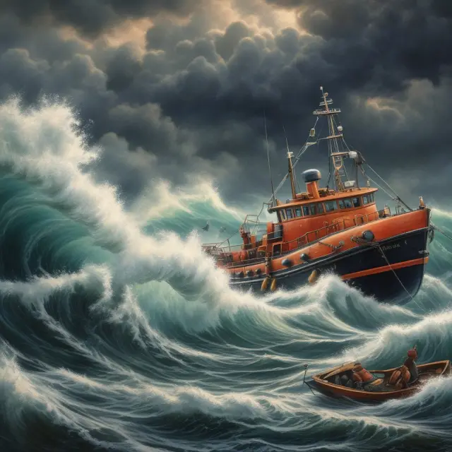 A government building with lifeboats in the foreground, symbolizing policies aimed at mitigating cyclical unemployment during economic downturns