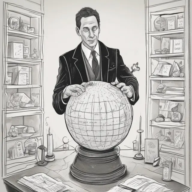 An accountant holding a crystal ball, symbolizing the clarity of understanding deferred acquisition costs (DAC), with DAC inscriptions flowing into a balance sheet and income statement
