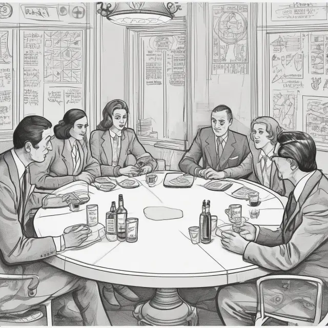 Four marketing models - DAGMAR, AIDA, OSI, and PAS - depicted as characters at a roundtable, discussing their unique advertising strategies.