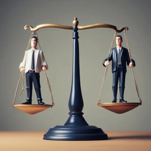 Two businessmen on a see-saw, one with strong financials represented by weights, the other with weaker finances; D&B