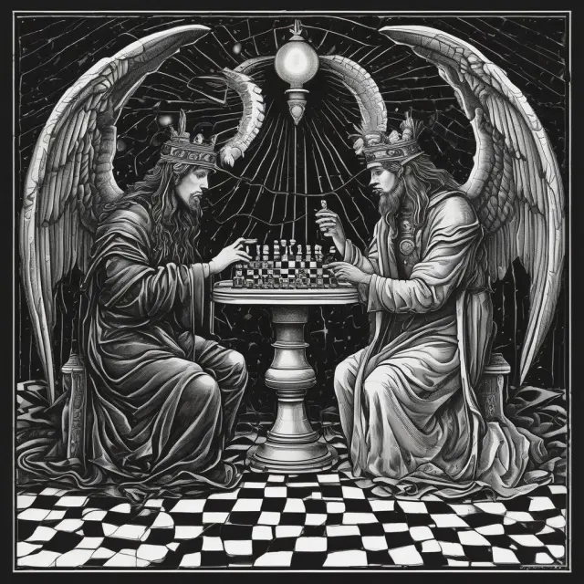 An image depicting a dark angel and a light saint engaged in a strategic conversation at a chessboard, symbolizing the comparison between public exchanges and dark pools in trading