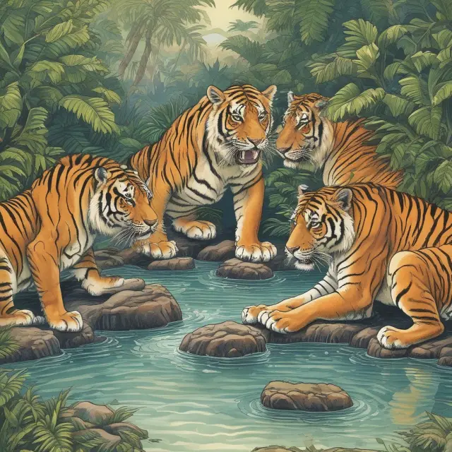 Three different types of dark pools represented by lions (broker-dealer owned), tigers (independently owned), and leopards (publicly operated) in a financial jungle setting.