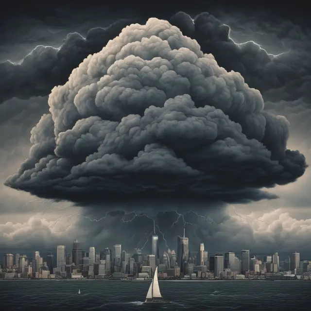 A dark, ominous storm cloud casting shadows over a previously sunny landscape of bullish candlesticks