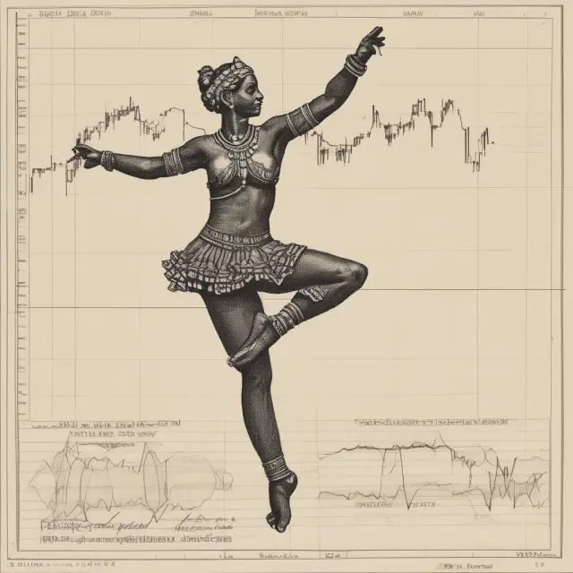 A dancer gracefully leaving footprints on a chart, symbolizing the Darvas box strategy and its impact on bullish market trends