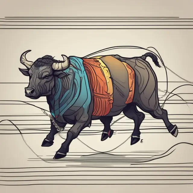 Bull on a wave amidst oscillating support and resistance bands, symbolizing Darvas box theory