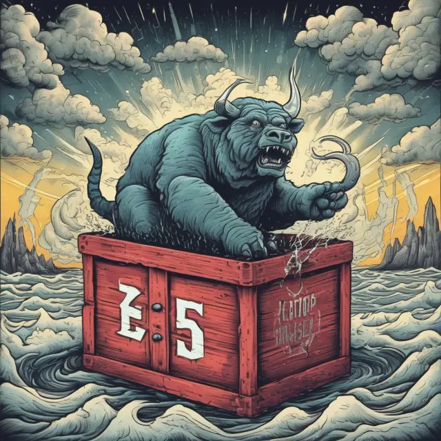 A bull and bear comparing strengths in the Darvas box theory, with a background of volatile market conditions.