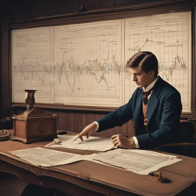 Time traveler examining an ancient stock chart with overlaid Darvas boxes, illustrating discipline, risk management, and adaptability in trading strategies