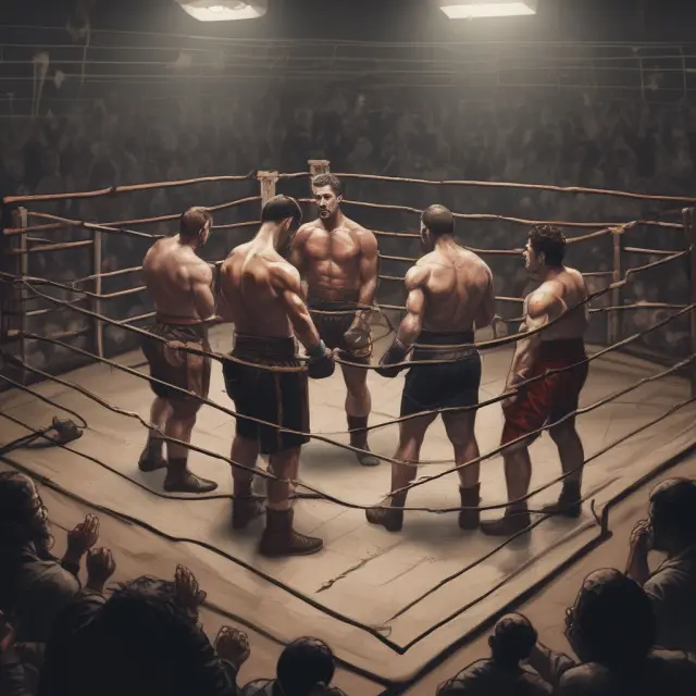 Boxing ring visualizing Darvas Box Theory: traders as fighters, highs & lows form box, strategy guided by referee