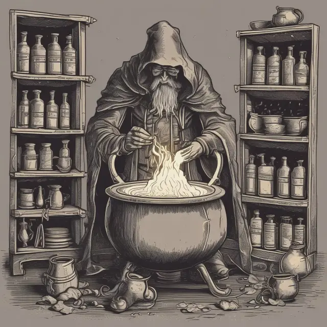 An SQL alchemist meticulously pours data into a cauldron, transforming it into valuable insights using the power of Structured Query Language