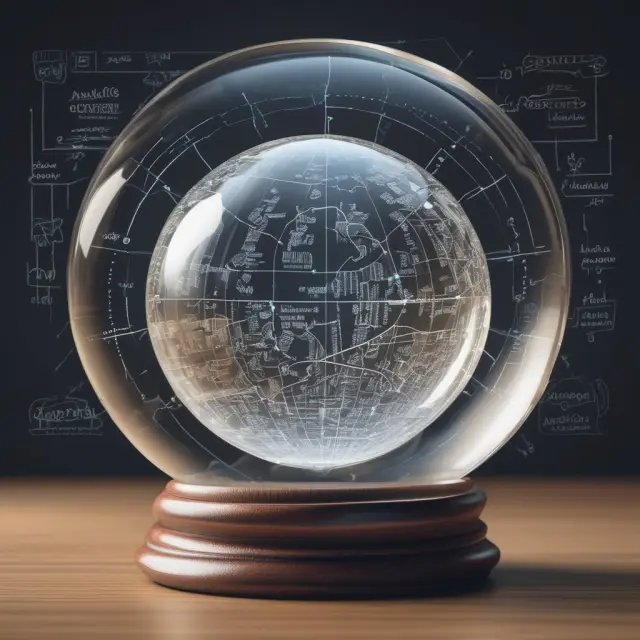 Crystal ball revealing insights into data analytics types: past events, root causes, future trends, and optimal strategies for institutional investors.