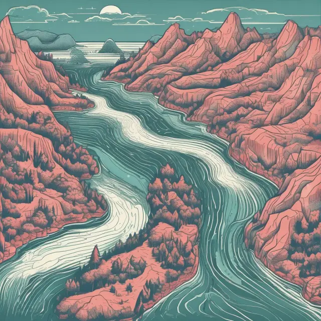 A river meanders through a vast landscape filled with financial charts, symbolizing the process of removing noise using Simple Moving Average (SMA) and Exponential Moving Average (EMA).