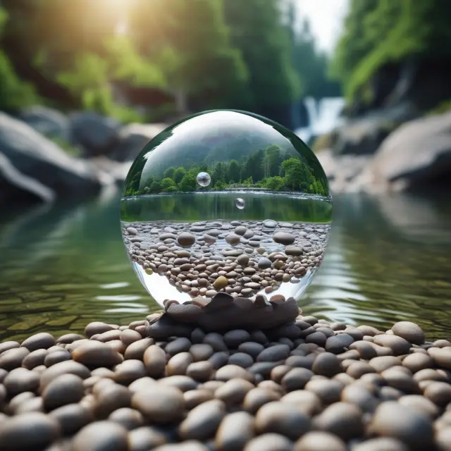 A river symbolizing data smoothing flow, carrying data points as pebbles toward a crystal ball, representing trend prediction
