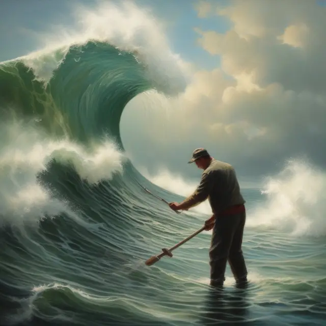 An artist meticulously smoothing out economic waves, representing the process of removing fluctuations and highlighting underlying trends in financial accounting.