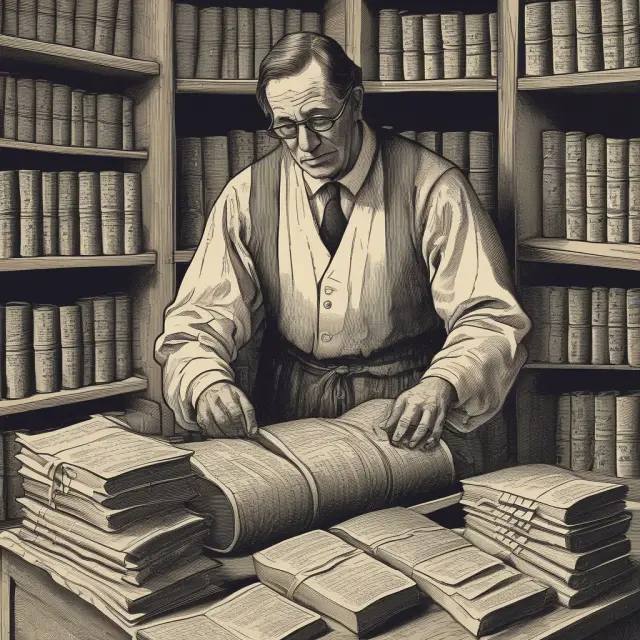 An ancient librarian organizes scrolls representing business data into a vast library to facilitate efficient analysis