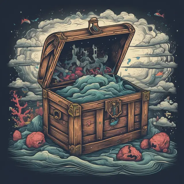 Two data miners, one with a magnifying glass and the other with a net, extracting valuable insights from an endless ocean of collected data stored in a treasure chest