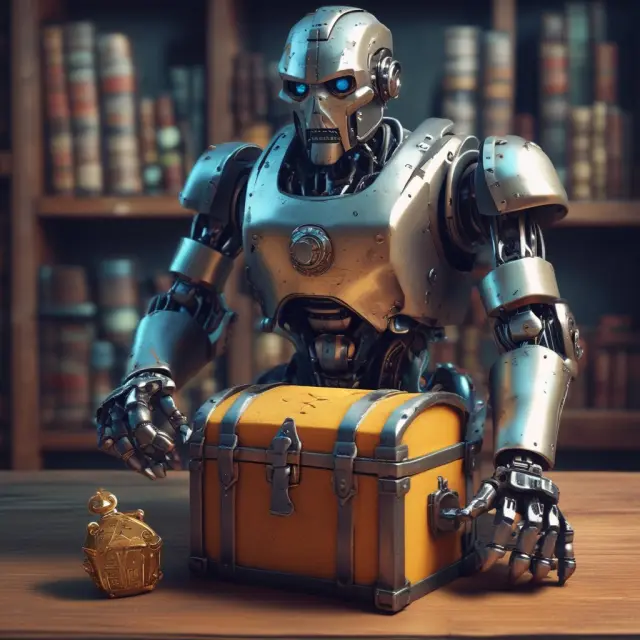 A robot protecting an encrypted treasure chest, symbolizing secure data mining processes