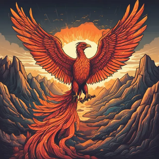 Phoenix rising from data mountains, representing the transformative power of real-time analysis, machine learning, and deep learning in data mining.