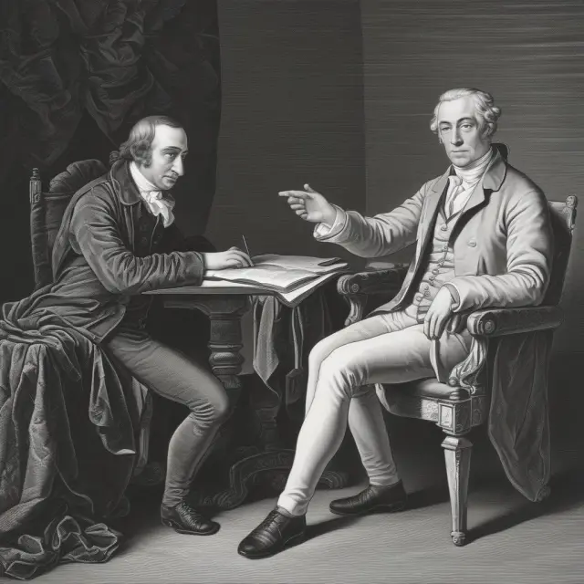 A hand (representing Adam Smith) gently guiding a boat (David Ricardo) through a vast, stormy sea. The 