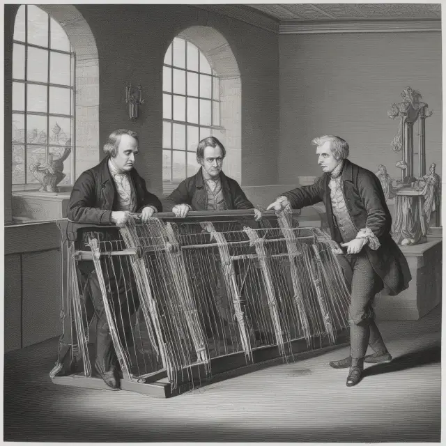 David Ricardo and Adam Smith at a loom, weaving economic threads representing the labor theory of value