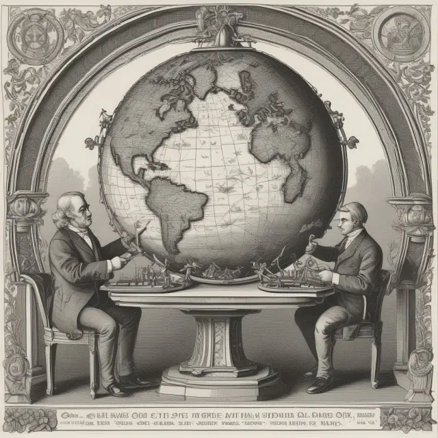 David Ricardo creating a globe where each country specializes in producing either tea or gears, illustrating the concept of comparative advantage