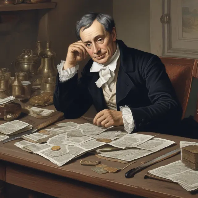 David Ricardo at his desk, surrounded by gold coins representing economic rents flowing from agricultural and political arenas
