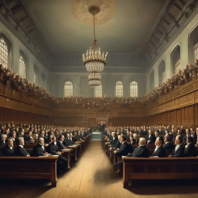 David Ricardo in the House of Commons, discussing corn laws surrounded by wheat fields and protective tariffs