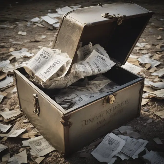 An ornate time capsule overflowing with scrolls of distressed debt contracts and gold coins, representing David Tepper