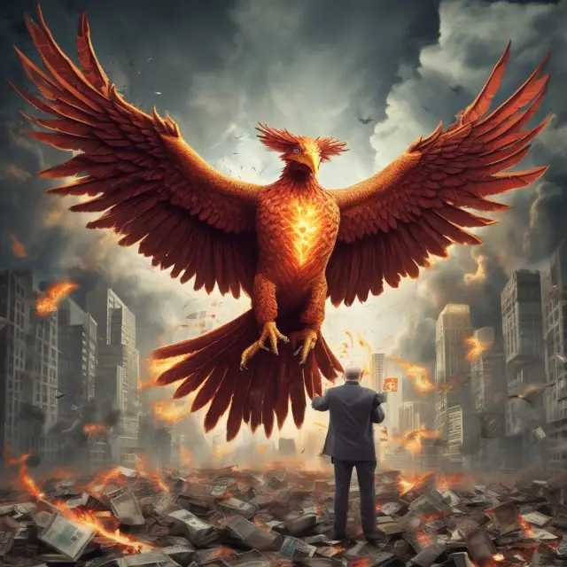 David Tepper, depicted as a mythical Phoenix, rising above the ruins of Bank of America and Citigroup during the 2008 market crash.