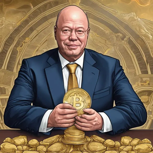 David Tepper, seen as an alchemist, transforming gold coins into a digital stack of Bitcoin and Ethereum
