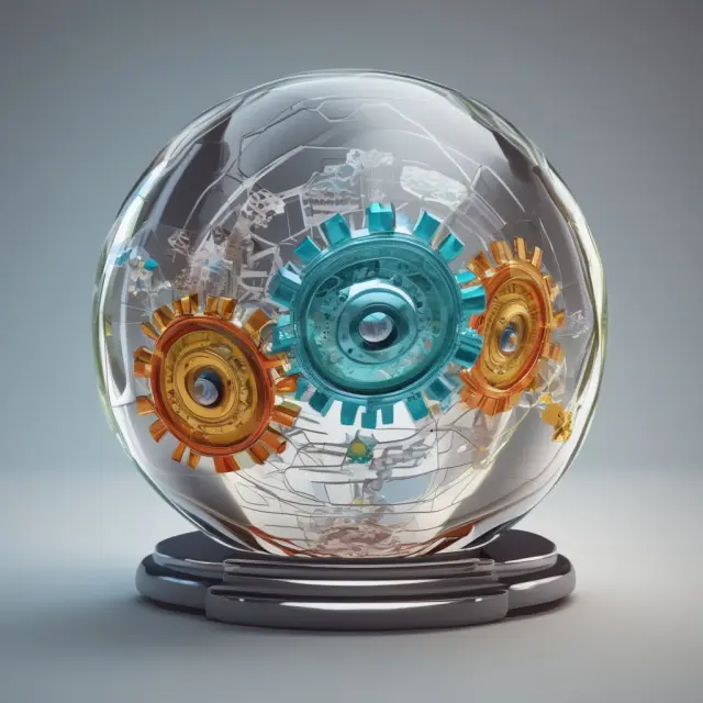 A crystal sphere with 40 interconnected gears represents the DAX stock market index of Germany and its influence on global markets