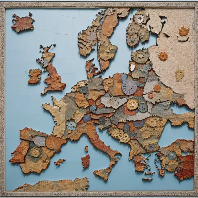 Visualization of the DAX index as a European industrial mosaic, consisting of gears representing the automotive, technology, finance, healthcare, consumer goods, and utility sectors.